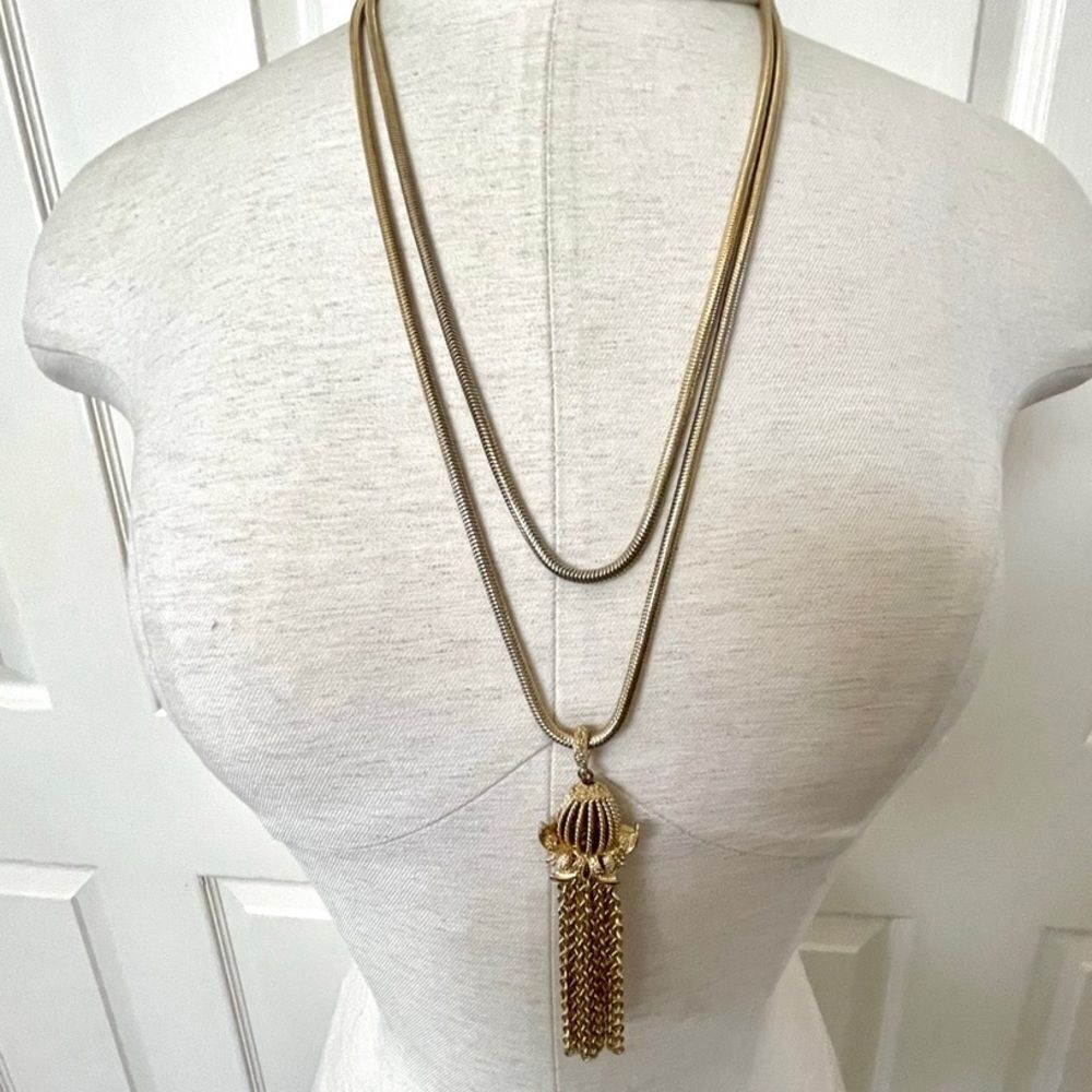 Monet very long vintage  gold tone tassel necklace